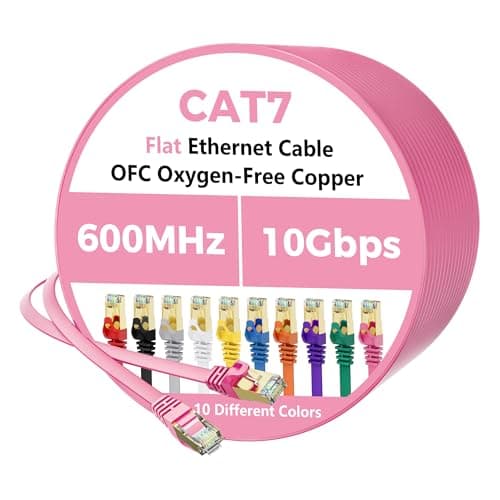 Cat 7 Ethernet Cable 50FT, Flat 10Gbps High Speed Internet Cord, STP Shielded, Pure Copper, Flexible CAT7 RJ45 LAN Network Cable, Compatible with PC, Laptop, PS5, Xbox Modem, Router, PoE, Pink Cable