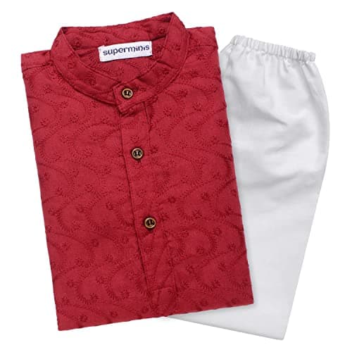 Superminis Baby Boys Ethnic Wear Colored Cotton Chikankari Kurta, Round Collar, Full Sleeves With White Pyjama, Kurta Set (Maroon, 6-12 Months)