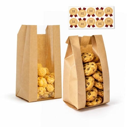 WIKDAY Bakery Bags with Window 25PCS Paper Cookie Bags Small Pastry Bags for Baked Goods Gift Giving Snack Treat Desert Packaging Storage Includes 25PCS Label Seal Stickers 3.5x2.3x7.5in