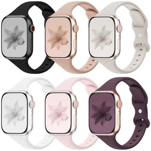 6 Pack Thin Slim Bands Compatible with Apple Watch 38mm 40mm 41mm 42mm 44mm 45mm 46mm 49mm Women Men, Replacement Soft Silicone Sport Strap for iWatch Series 11/10/9/8/7/6/5/4/3/2/1 Ultra SE