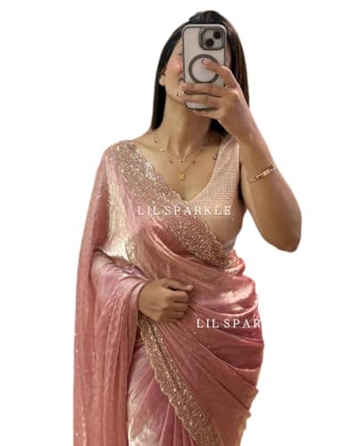 BE4ME.COM Trending Gold Two-Tone Fandy Silk Saree with Designer Border – Viral Insta Tiktok Party Wear Sari (Pink)