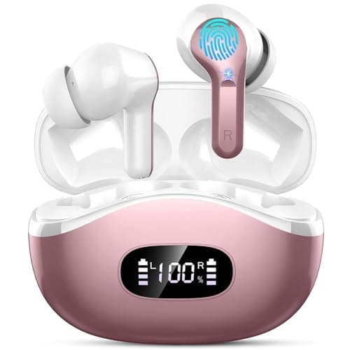 Motost Wireless Earbuds, 2026 Bluetooth 5.4 Headphones Bass Stereo, Ear Buds with 4 Mics ENC Noise Cancelling, Bluetooth Earbuds 48H Playtime LED Display Rose Gold