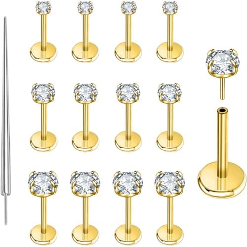 PunkTracker 13Pcs 20G/18G/16G Gold Flat Back Earrings Stud 316L Surgical Stainless Steel Threadless Push in Nose Stud Tragus Helix Lip Medusa Piercing Jewelry