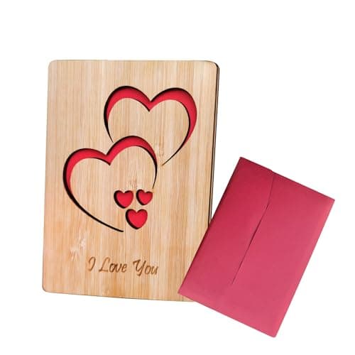 LOJAYUVE Mothers Day Card - Wooden Laser-Cut Double Heart Greeting Card Printed with I Love You, Perfect for Students, Adults, Kids as Romantic Gift for Him or Her