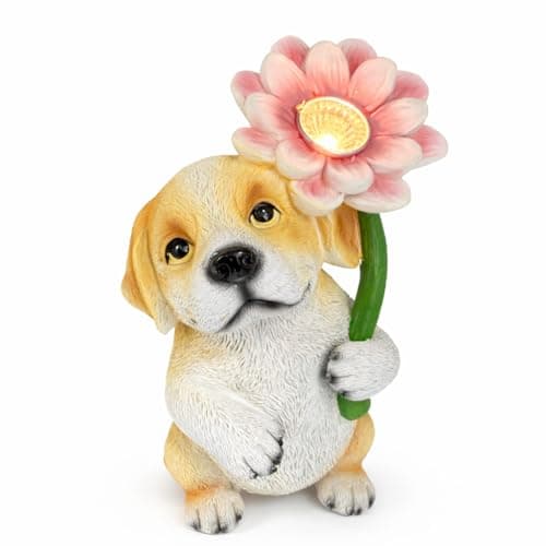 GoGnome Solar Dog Garden Statue with LED Flower – Hand-Painted Resin Puppy Figurine, Solar Powered Outdoor Garden Decor, Auto On/Off Yard Light Gift (Puppy)