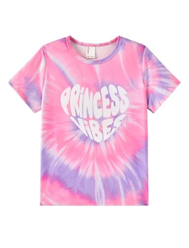 PATPAT Girls T Shirts Size 7-8 Years, Multicolor Tie Dye Letters Print Graphic Tees Crew Neck Short Sleeve Shirts Cheer Clothes Little Sister Outfit Dance Tops