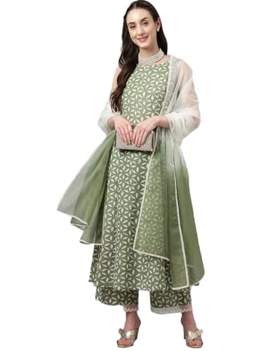 miss fame Women Sleeveless Printed Cotton Kurta with Palazzo and Dupatta - M Green