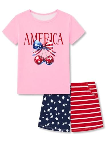 Topgal Pajamas for Girls - America Cherry & USA Flag Graphic Kids' 2-Piece Short Sleeve Shorts Nightwear PJS Size 18
