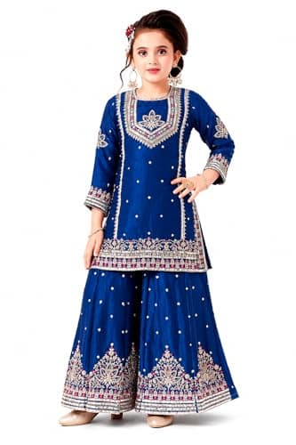 disson Girls Blue Embroidered Kurti with Sharara Set, Ethnic Festive Wear, Traditional Indian and Pakistani Outfit (US, Age, 8 Years, 10 Years)