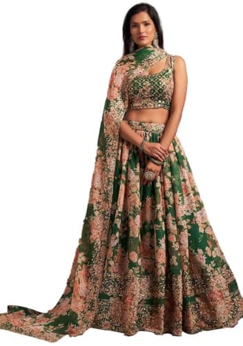 Indya Green Floral Print Organza Lehenga Set for Destination Wedding | Sleeveless | Crew Neck | Indian Ethnic Wear