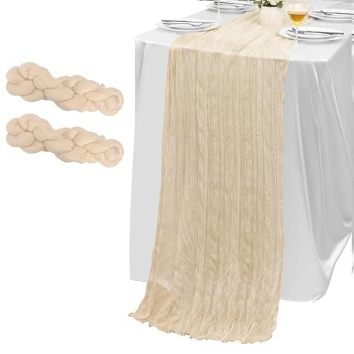 2 Pack Light Khaki Cheesecloth Table Runner 10FT Boho Gauze Fabric Table Runner Vintage Rustic Sheer Runners for Wedding Party Bridal Baby Shower Birthday Holiday Home Decor