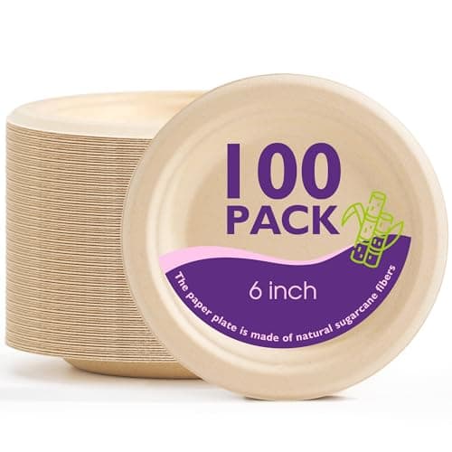 PACKINNO 6 Inch 100 Pack Compostable Paper Plates, Biodegradable Heavy Duty Disposable Plates, Round Unbleached Brown Plates Made from Natural Sugarcane Fibers, for Party, Camping, Picnic