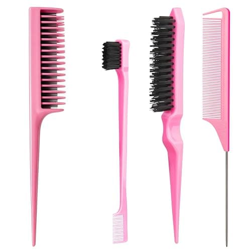 Aigee Hair Brush Set, Pink, 4 Piece, Three-Row Teasing Comb, Edge Brush, Rat Tail Comb for Women and Girls Styling