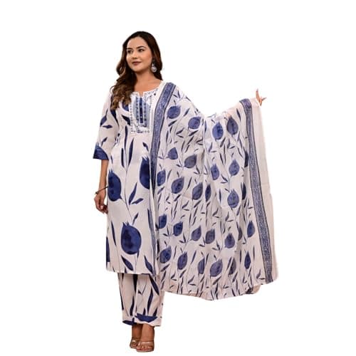 Women’s Pure Cotton Floral Printed Straight Kurta Set with Pant & Dupatta | Lightweight Indian Ethnic Wear Kurti Dress for Casual, Daily Wear & Office Use | White & Blue, Large