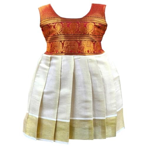 AMBA COLLECTION BOUTIQUE Girl's Traditional Ethnic Wear South Cotton Tissue Sleeveless Frock White-red