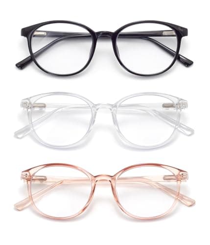 FoxMook 3-Pack Blue Light Blocking Glasses Round Women Men Computer Glasses Anti Eye Strain/UV/Glare Gaming Glasses, Black Pink Clear