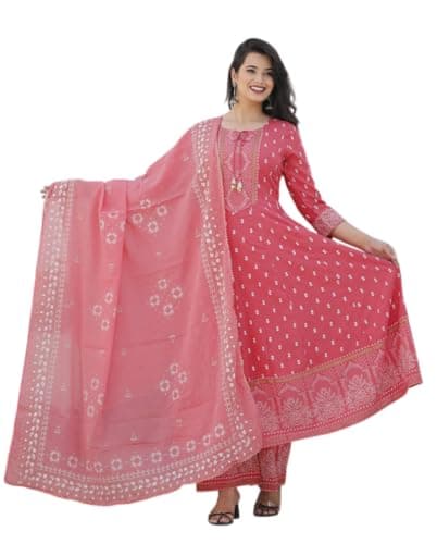 DC LUXXURA Jaipuri Rajasthani Rayon Anarkali Kurti with Palazzo Pant Dupatta Set for Women | 3-Piece Ethnic Indian Suit Set (Peach, XX-Large)