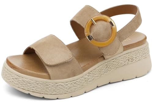 UBFEN Womens Espadrille Platform Sandals Low Wedge Heel - Orthopedic Arch Support, Cushion Insole, Comfortable Dressy Buckle Sandals for Walking and Vacation A Khaki Size US 7