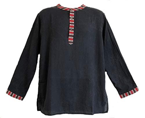 Yak & Yeti Men's Kurta Stone Washed Lightweight Cotton Mandarin Style Collar (Large, Black)