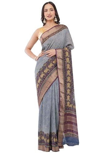Aarlon Women’s Sea Island Cotton Saree with Unstitched Blouse Piece Ancient Woven Motifs, Azure Blue