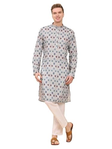 Pro-Ethic Style Developer Mens Indian Traditional Cotton Kurta Sets, Mens Printed Kurta Set Indian Wedding Dress, Blue