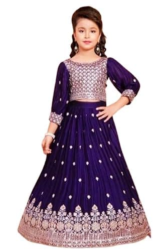 Girls Traditional Lehenga Choli, Purple Embroidered Floor Length Dress, Silver Sequin Work, 3/4 Sleeve Party Wear (Purple, 12 Year)