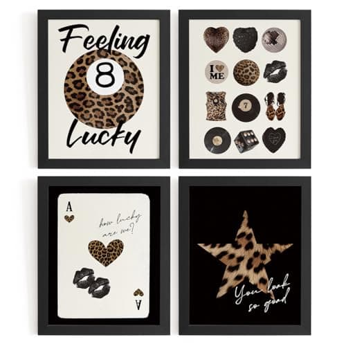WXHUM Preppy Leopard Cheetah Print Room Decor Funny Trendy Black Lucky 8 Ball Posters Set of 4 Y2K Wall Art,Star Ace Card Maxinmalist Posters for Girl Room Apratment,8x10 inch Unframed