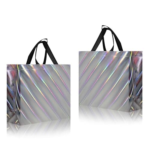 cabzymx 25 Pcs Dazzling Silver Gift Bags with Handles – Large Reusable Goodie Bags with Sturdy Bases, Non-woven Fabric– Perfect for Women's Birthday, Wedding, Party & Holiday Gift Giving – 12.6"x4.7"x11"