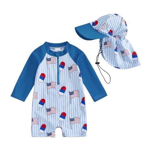 mlpeerw Baby Boy Girl Swimsuit One Piece Short Sleeve Rash Guard Zipper Swimwear Toddler Bathing Suit Infant Beach Outfits (American Flag Popsicle Striped Blue, 3-6 Months)