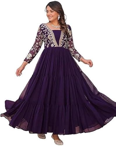FOXDX Womens Faux Georgette Sequence Embroidered Ankle Length Anarkali Gown for Women| Festival | Trending | (US, Alpha, Medium, Regular, Regular, Purple)