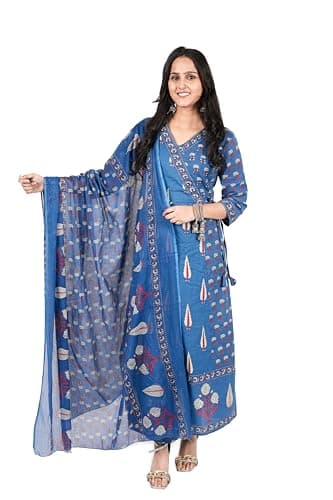 Archy Creations Women's Angrakha Cotton Anarkali Kurta Set with Printed Dupatta, Traditional Indian 3-Piece Dress (Blue, 3XL)