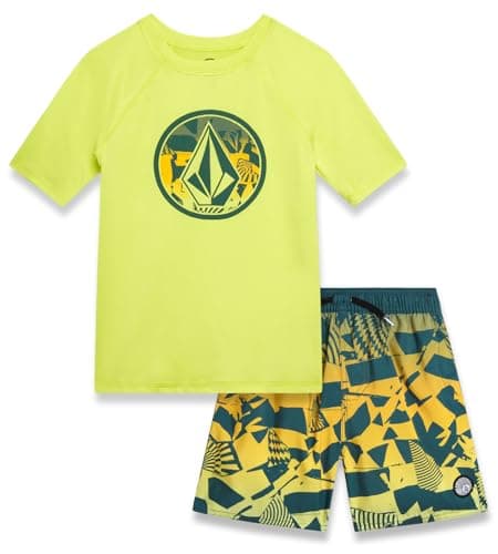 Volcom Baby Boys Swimsuit Set - 2 Piece Swimwear Short Sleeve Rash Guard Swim Shirt and Swim Trunks for Infants & Toddlers, Size 3T, Green