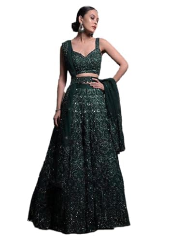 Indya Women's Green Sequin Work Net Lehenga Set, Sleeveless with Sweetheart Neck