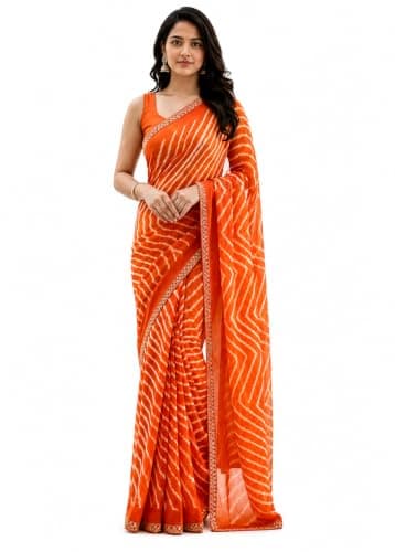 Bhuvik Creations Women's Leheriya Print Georgette Saree with Blouse Piece, Traditional Tie Dye Saree for festivals Teej & Sawan Celebrations (Orange)
