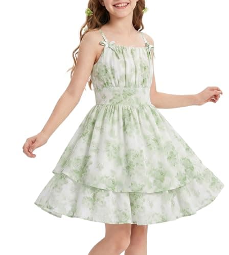 GRACE KARIN Teen Girl Summer Flowy Skirt Hawaiian Birthday Party Cute Dress for Spaghetti Strap Tiered Dresses Size 14 Green Floral