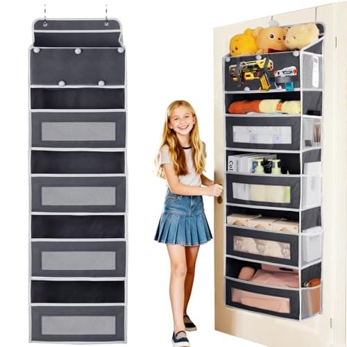 WangshengLe 5-Tier Over the Door Storage Organizer with 5 Side Mesh Pockets, 40lbs Load Capacity with 2 Hooks, Behind Door Hanging Organizer for Closet Bathroom Bedroom Nursery - Grey