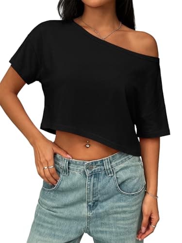 YURIONA Off The Shoulder Tops for Women Black Short Sleeve Crop Top 2026 Summer Loose Asymmetrical Neck Workout Cropped T-Shirt