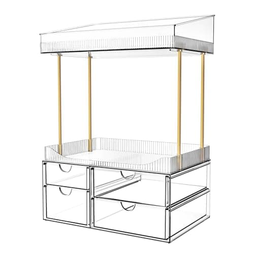 SNSLXH Makeup Organizer Bathroom Storage- 4 Tier 4 Drawer Makeup Storage, Transparent Clear Cosmetics Organiser, Ideal for Cosmetic Perfume Skincare, for Countertop, Bathroom, Office Supplies, Dresser