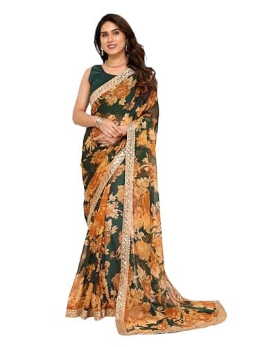 MOHIT CREATIONS Women's Partywear Printed Saree with Unstitched Blouse (Green 2)