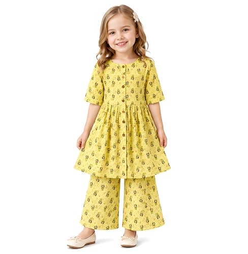 Chandrakala Kids Kurti Pant Set Co-Ord Set for Girls Ethnic Wear Lemon Yellow,8-10 Years (KG119LEM10)