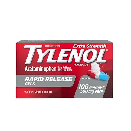 Tylenol Rapid Release Extra Strength Gelcaps, Acetaminophen 500 mg per Gel, Laser Drilled Holes Allow Fast, Strong Pain Relief, Fever Reducer, Gentle on Stomach, 100 Count Size