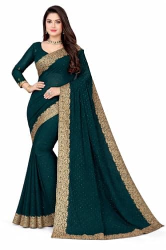 Svayi Women’s Georgette Broad Golden Embroidery Border Siroski work Saree for Wedding Festive Party Style Sari with Blouse Piece (SR1211-Morpeach)