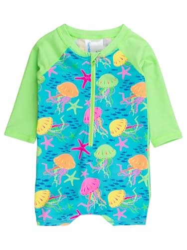 RUGGEDBUTTS Baby/Toddler Boy Swimsuit, One Piece Zipper Rash Guard Sunsuit with UPF 50+ Sun Protection - Neon Jelly Time, 3-6m