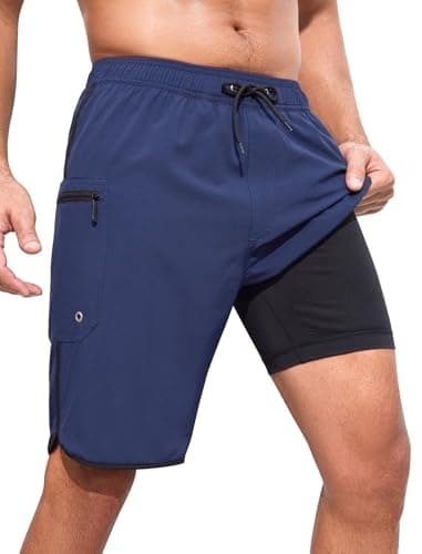 SILKWORLD Men's 9" Swim Trunks w/ Compression Liner & Zipper Pockets (various) $12