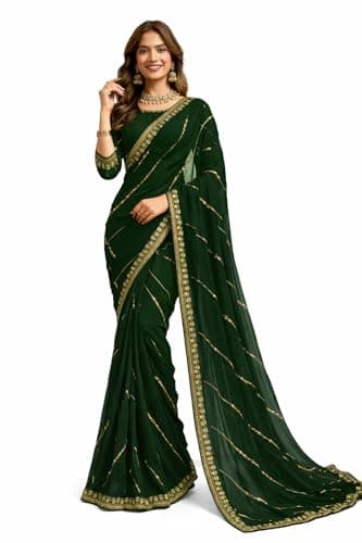 Svayi Women’s Georgette Floral design Golden Sequins Embroidery diagonal patterns Work Saree for Wedding Festive Party Style Sari with Blouse Piece (SR1252-DarkGreen)
