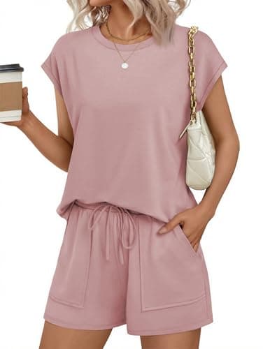 Ekouaer Two Piece Sets for Women Summer Crew Neck Lounge Short Sets Cap Sleeve Drawstring Vacation Outfits with Pocket Pink Large