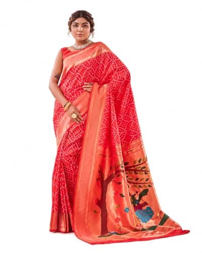 HIRNIL Traditional Pure Silk Bandhani Saree with Rich Paithani Pallu and Zari Border Saree with Unstitched Blouse piece (Red)