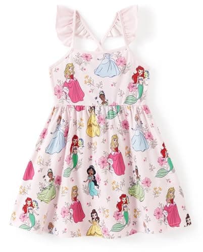 Disney Princess Toddler Girls Dress Light Pink Ruffle Sleeveless Criss Cross Strap Floral Print Sundress Birthday Baby Summer Outfit Clothes 12-18M
