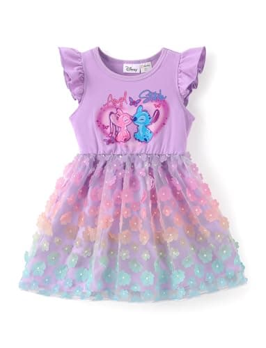 Disney Lilo and Stitch Girls Dress 3D Floral Pastel Gradient Tulle Summer Clothes Flutter-Sleeve Party Outfit Sweet Birthday Sundress Purple 8-9 Years