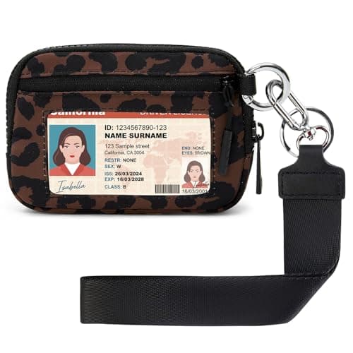 YDF The Iris Wallet for Women Mini Zip Card Case with Clear ID Window Zipper Coin Purse Lightweight Portable Keychain Wallet (Brown Leopard Print)